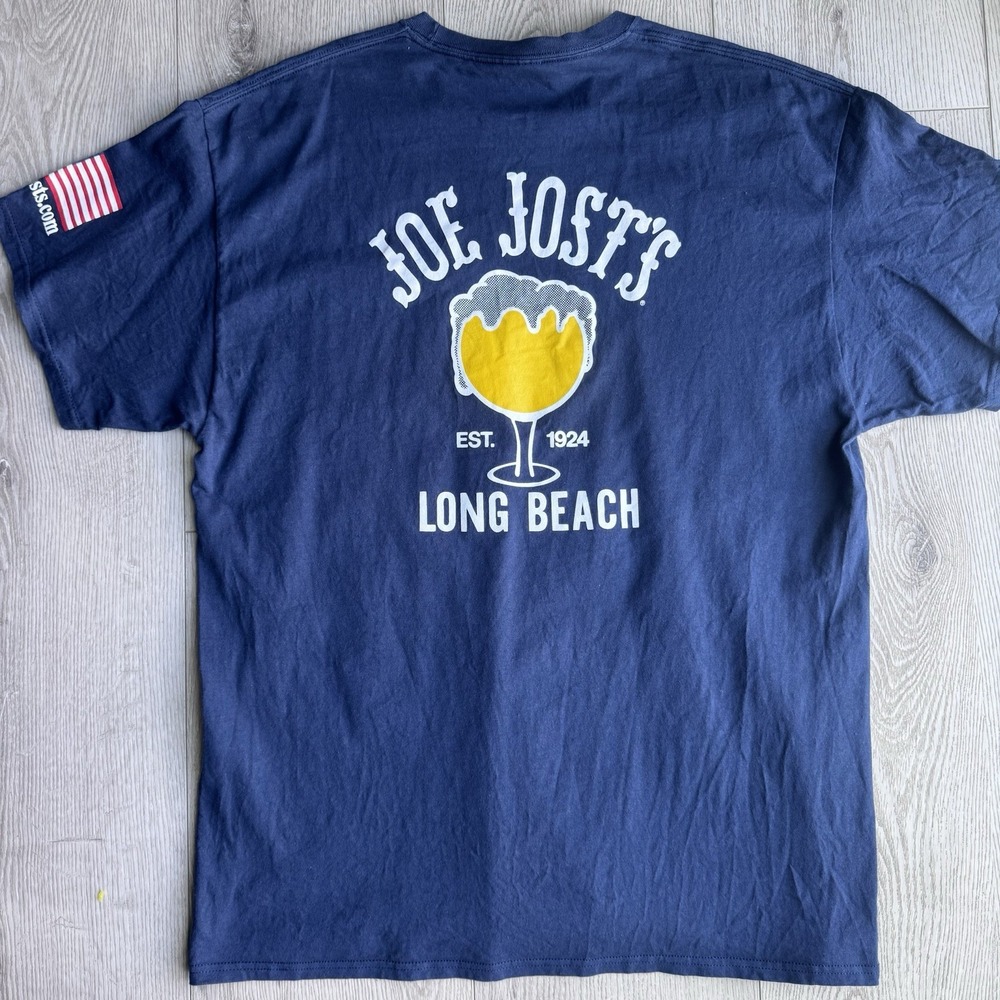 Mens Shirt XL Blue Joe Jost's Long Beach Beer Flag Graphic Short Sleeve OG Logo
